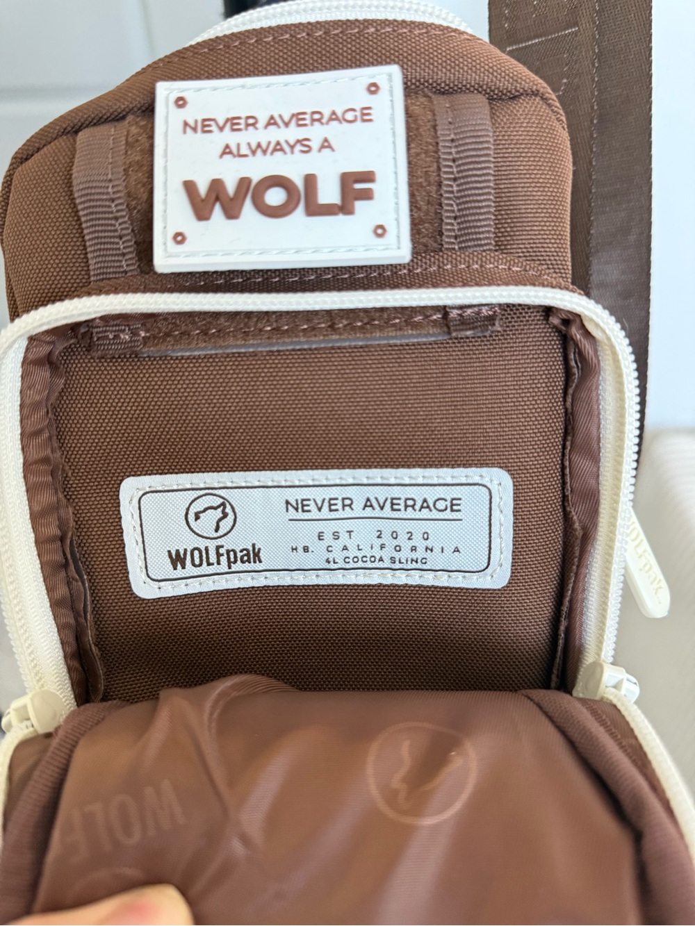 WOLFPAK Brown Crossbody Sling Bag with Cream Trim - Picture 5 of 6